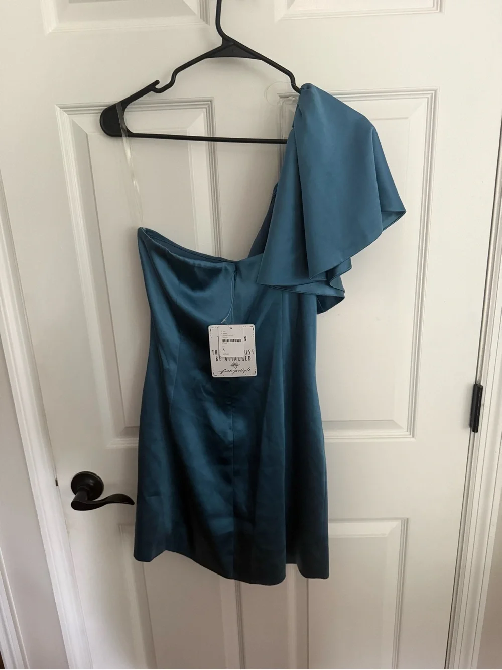 Free People One-Shoulder Satin Mini Dress in Light Blue and Champagne
